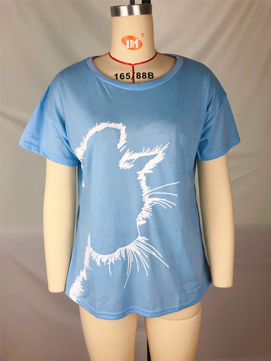 Aliexpress Wish Women'S Cat Head Print Casual Loose Round Neck Short Sleeve T-Shirt
